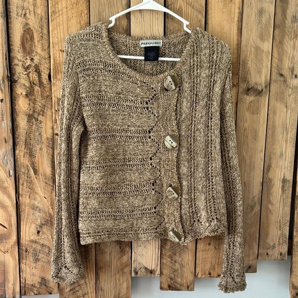 Parkhurst  Women’s Medium Cardigan‎ Sweater Jacket Tan Brown Neutral Artsy Boho - Picture 1 of 10